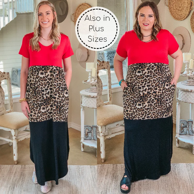 Last Chance Size Small & Medium | Change of Plans Leopard Print Color Block Maxi Dress in Red Elegant Floral Maxi Dress