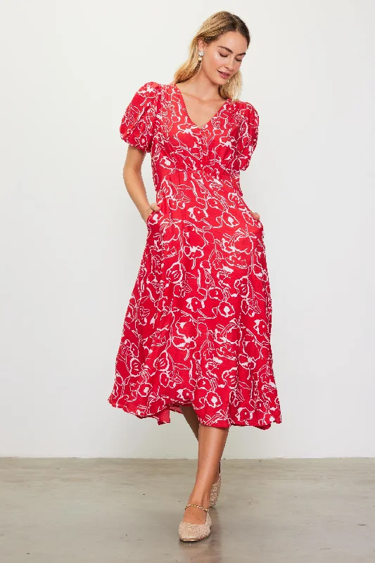 Red Floral Button Front Short Sleeve Midi Dress