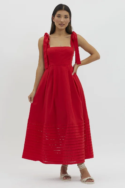 Red Linen Square Neck Shoulder Tie Eyelet Hem Midi Dress