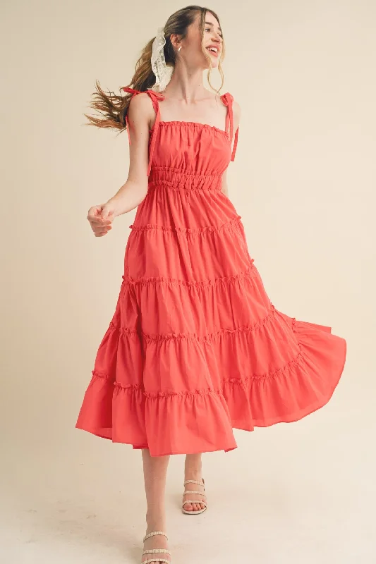 Red Tiered Tie Strap Midi Dress