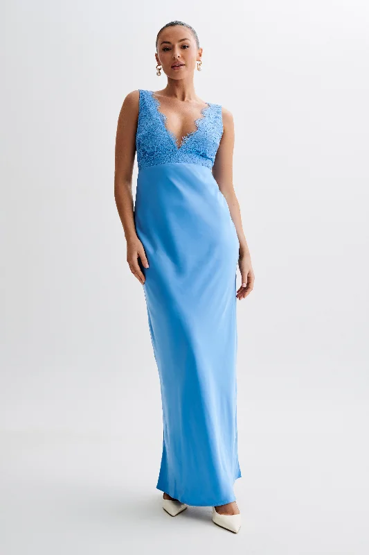 Ricci Satin And Lace Maxi Dress - Iris Blue Fashionable High-Low Maxi Dress