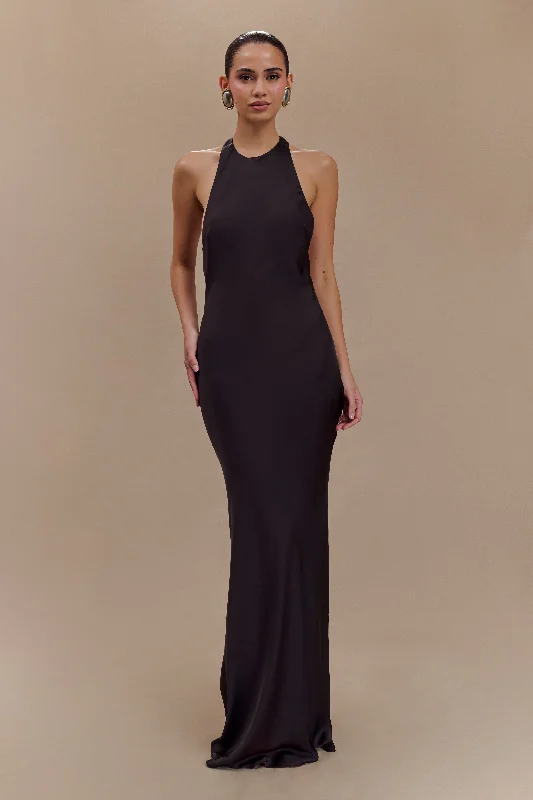 Rinna Satin Halter Maxi Dress - Black Stylish Long Sleeve Maxi Dress