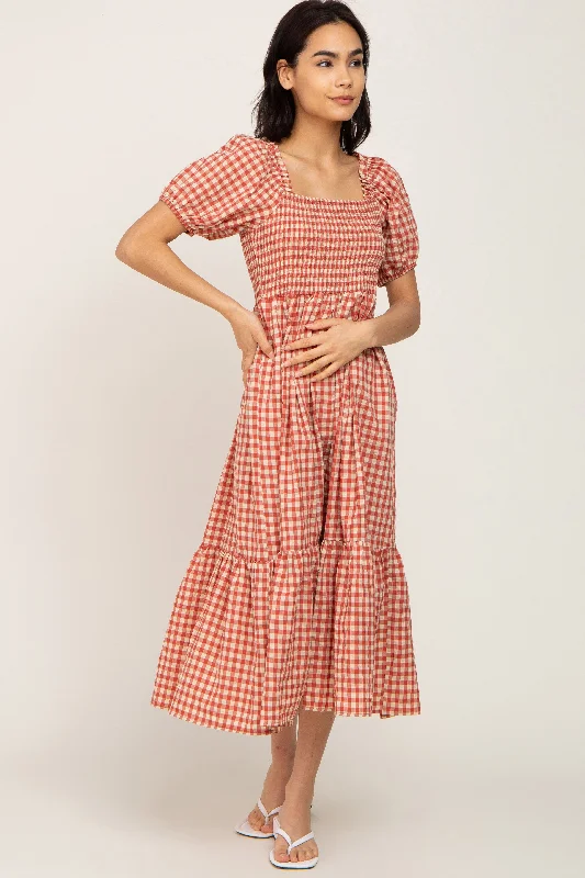 Rust Gingham Smocked Midi Dress