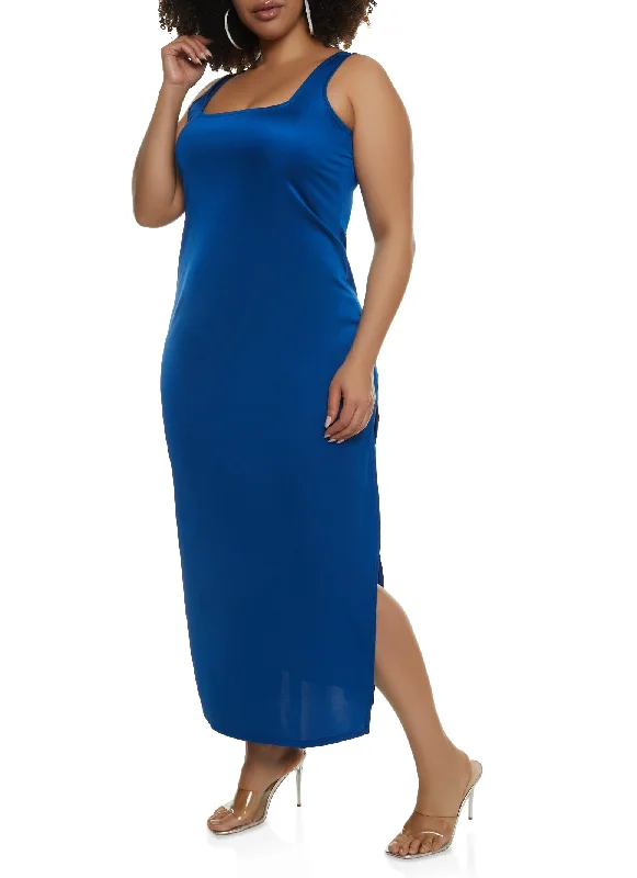 Plus Size Square Neck Sleeveless Maxi Dress Trendy Button Front Maxi Dress
