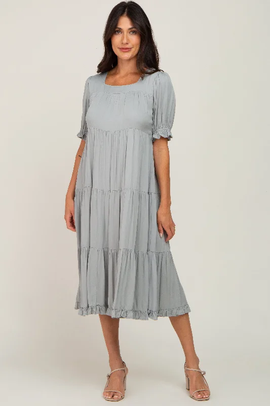 Sage Tiered Ruffle Hem Midi Dress