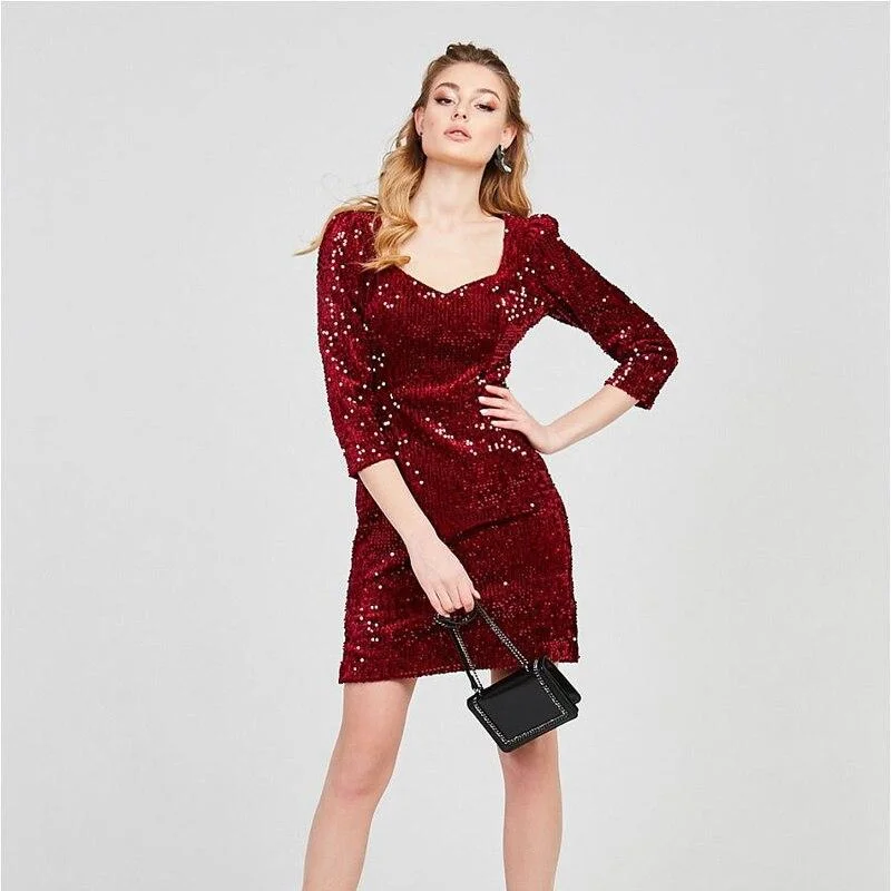 FashionSierra - Sexy Square Collar Three Quarter Sleeve Sequin Mini Dress