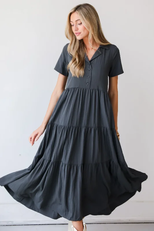 Stellar Sweetie Charcoal Tiered Maxi Dress Elegant Silk Maxi Dress
