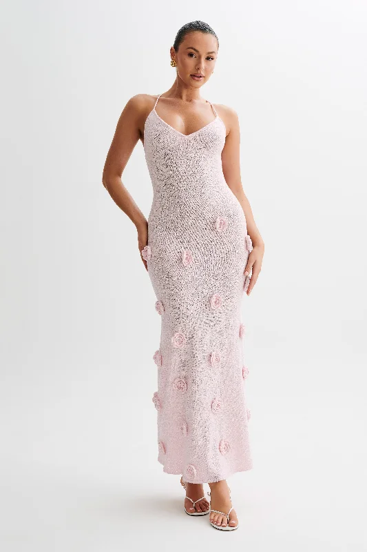 Suki Knit Maxi Dress With Flowers - Baby Pink Elegant Silk Maxi Dress
