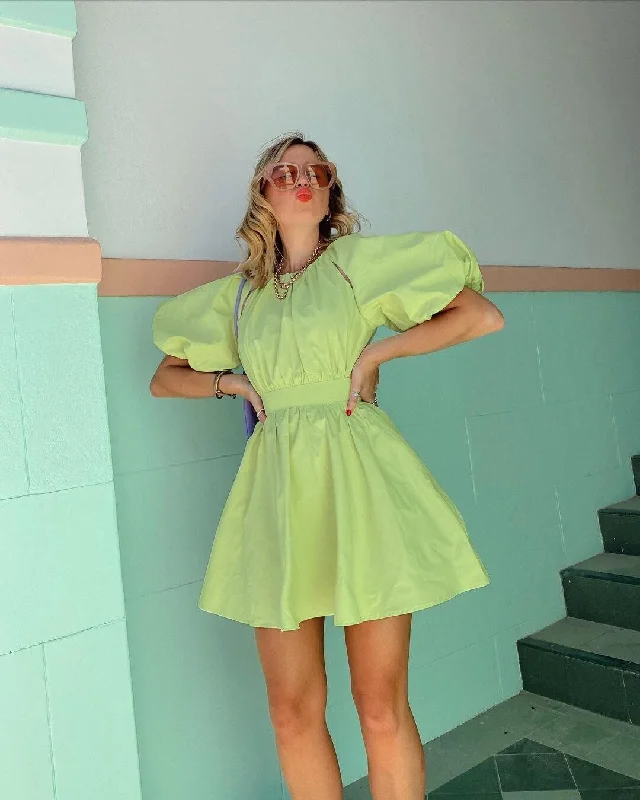 FashionSierra - Summer Dress Green Solid Color Round Neck Puff Sleeve Mini Dress