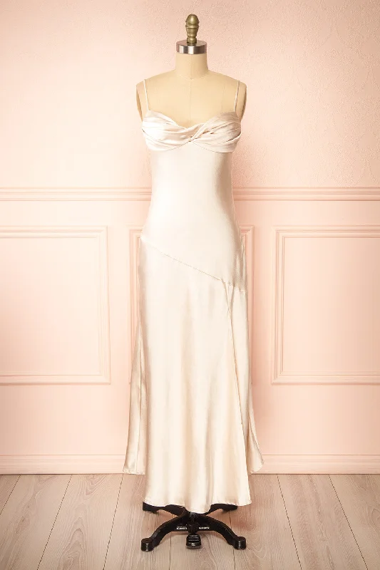 Swannie | Champagne Satin Slip Maxi Dress Stylish Long Sleeve Maxi Dress