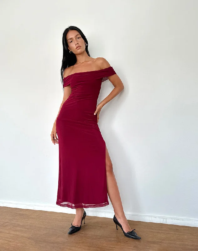 Tarna Bardot Maxi Dress in Mesh Burgundy Cozy Ribbed Maxi Dress