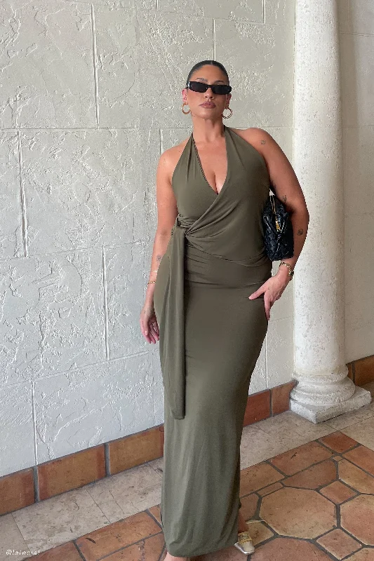 Tyla Draped Slinky Halter Maxi Dress - Dark Olive Comfortable Bohemian Maxi Dress