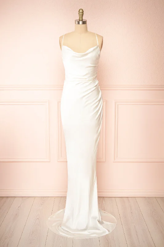 Vannavari | Ivory Cowl Neck Satin Maxi Dress Cozy Knitted Maxi Dress