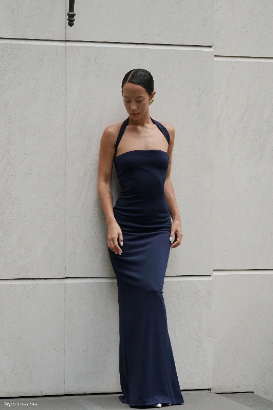 Velma Halter Collar Maxi Dress - Dark Navy Trendy Printed Maxi Dress