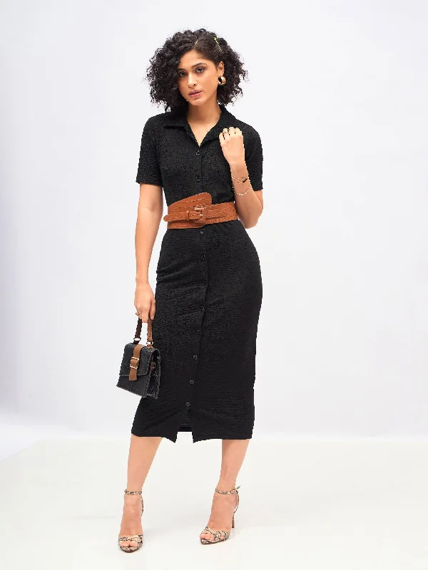 Women Black Knitted Front Button Bodycon Midi Dress