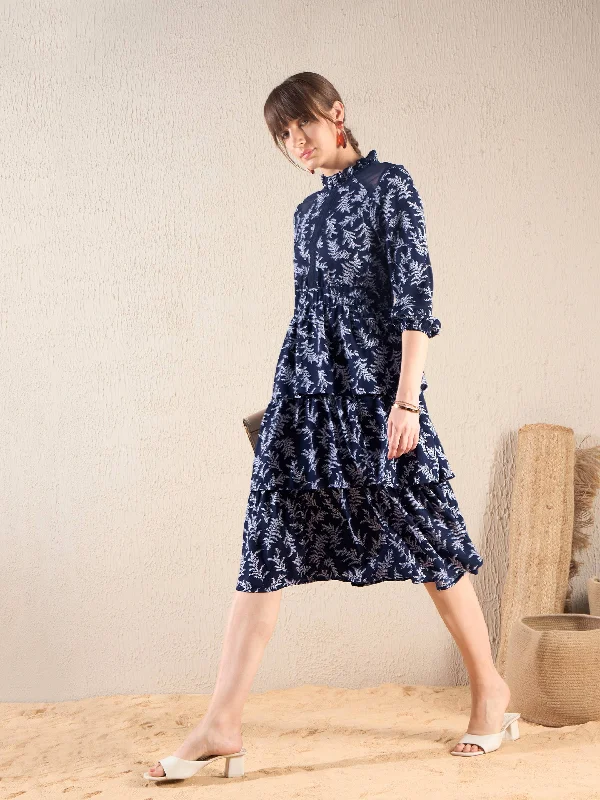 Women Blue Floral Tiered Midi Dress