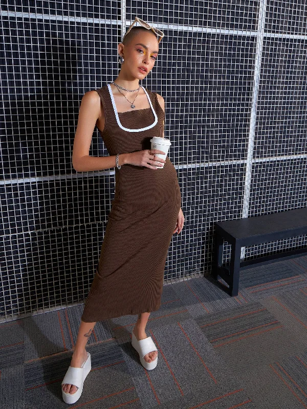 Women Brown Rib Contrast Binding Back Slit Midi Dress