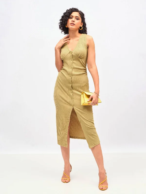 Women Khaki Rib Front Button Bodycon Midi Dress