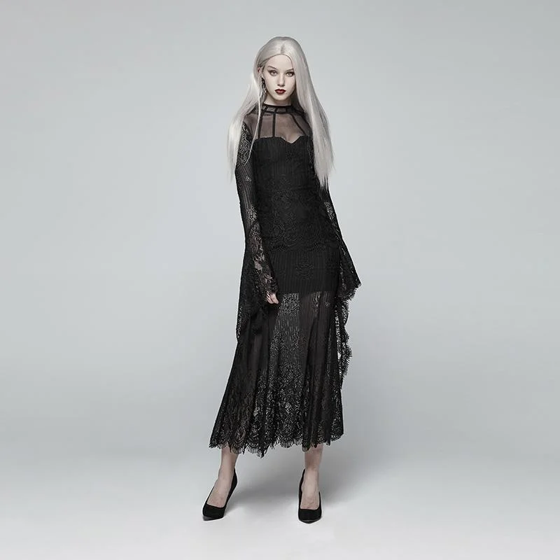 Women's Goth Translucence Long Sleeved Floral Lace Maxi Dress Elegant Maxi Dress with Drapes