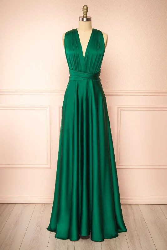 Yayabei | Green Satin Convertible Maxi Dress Elegant Maxi Dress with Belt