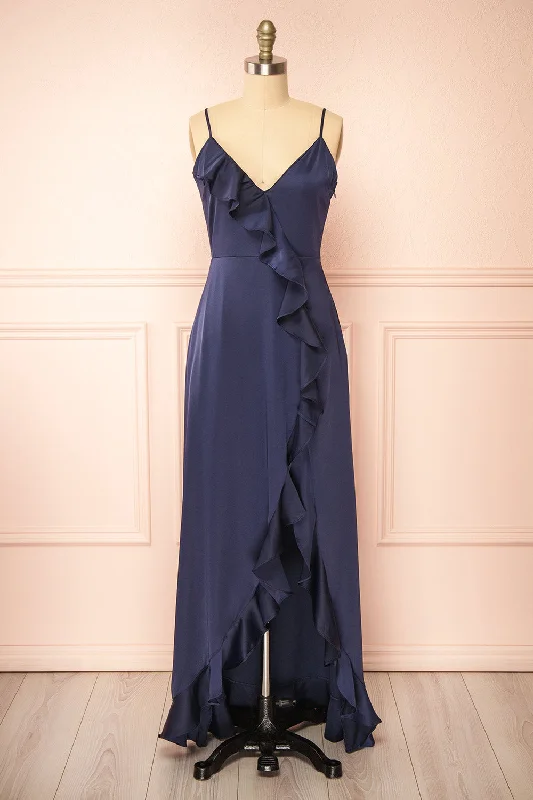 Yoani | Navy Maxi Dress w/ Ruffles Stylish V-Neck Maxi Dress