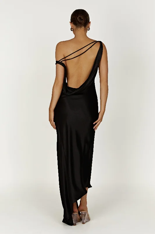 Yvette Slip Maxi Dress With Asymmetrical Hem - Black Elegant Maxi Dress with Drapes