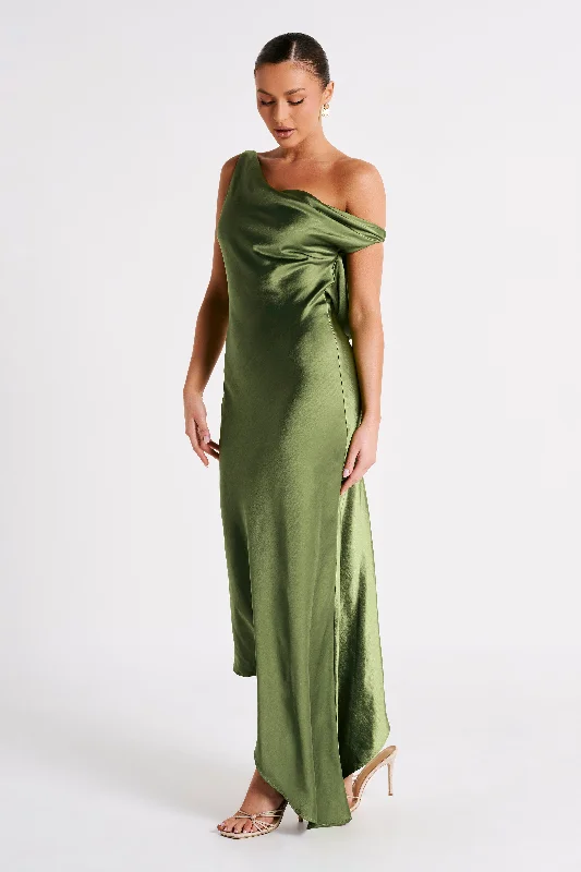 Yvette Slip Maxi Dress With Asymmetrical Hem - Emerald Trendy A-Line Maxi Dress
