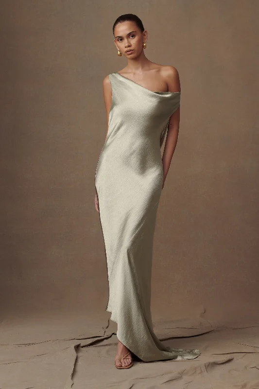 Yvette Slip Maxi Dress With Asymmetrical Hem - Sage Comfortable Maxi Dress with Belt