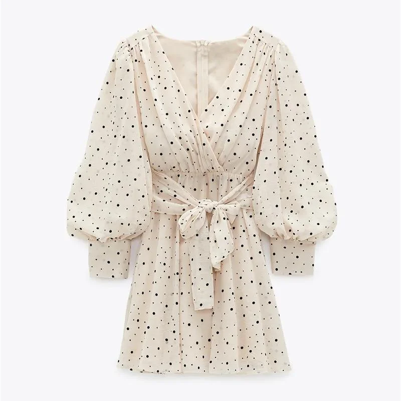 FashionSierra - Za Dress Woman Polka Dot Mini Dress Long sleeve V-neckline Zip fastening White Women's Dresses for Summer