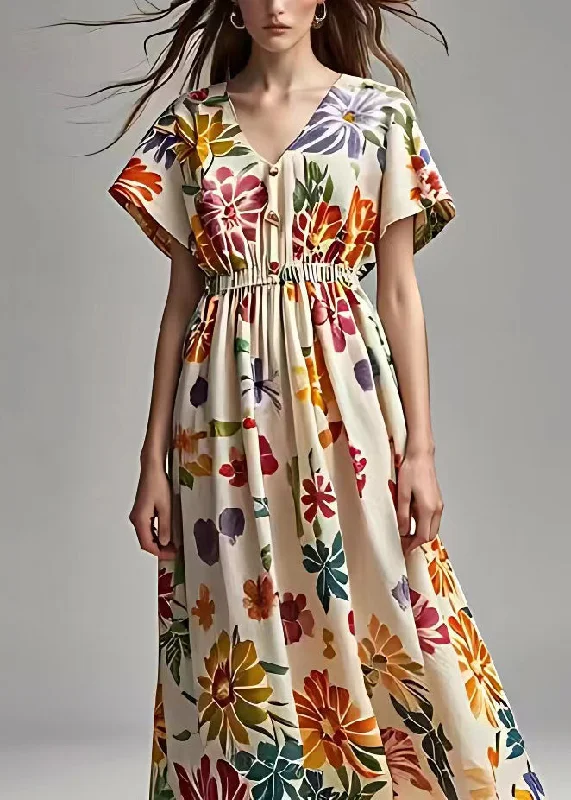 Beautiful Apricot V Neck Print Cotton Maxi Dresses Summer