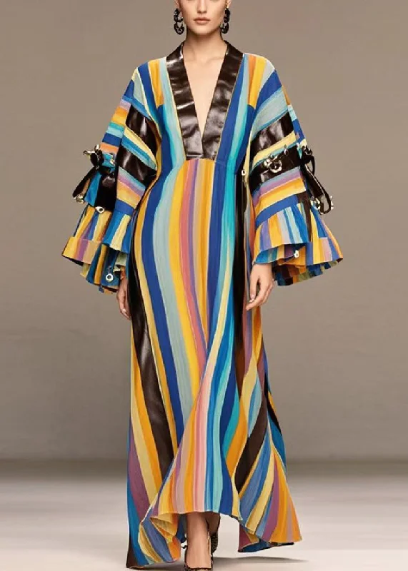 Boho Rainbow Striped Patchwork PU Rivet Cotton Maxi Dresses Fall