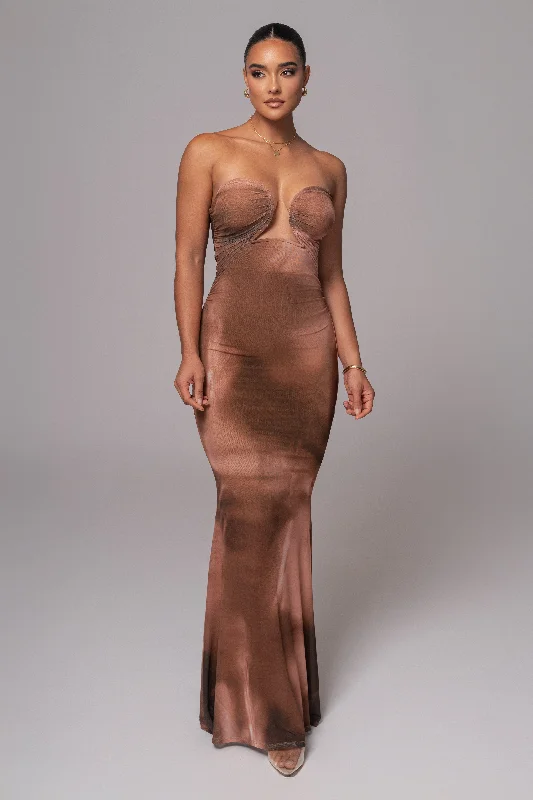 Brown Abstract Bethany Strapless Maxi Dress