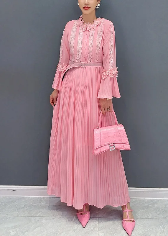 Elegant Pink Wrinkled Lace Patchwork Maxi Dress Flare Sleeve