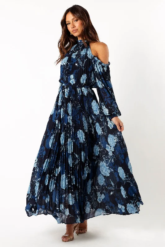 Hilary Pleated Maxi Dress - Blue Floral