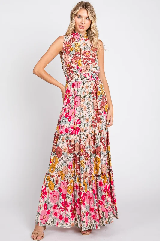 Pink Floral Mock Neck Maxi Dress