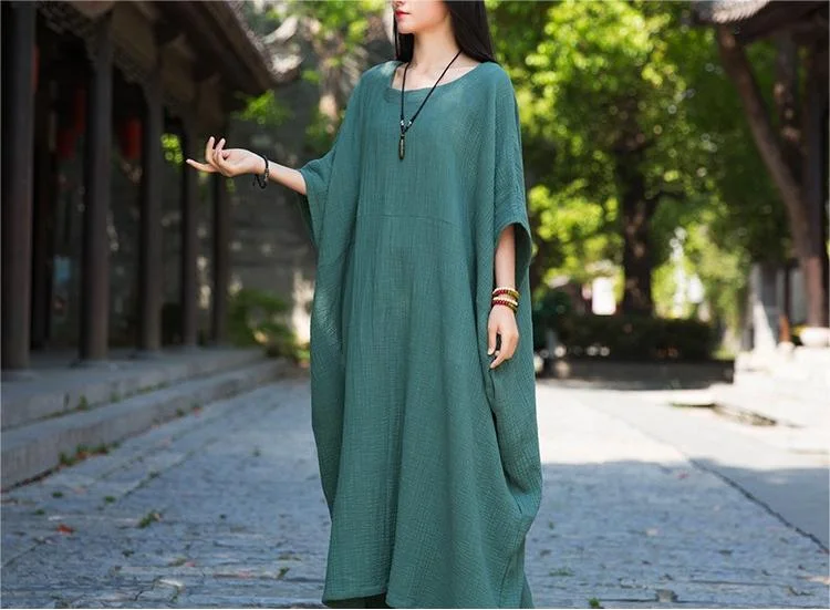 Solid Color Dolman Sleeves Cotton Linen Maxi Dresses