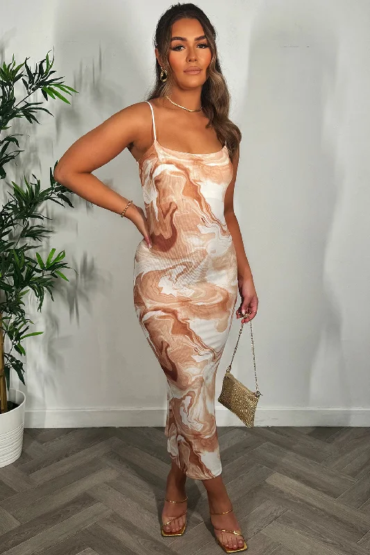 Strappy Maxi Dress Marble Print Beige