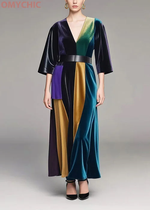 Style Colorblock V Neck Patchwork Silk Velvet Maxi Dresses Spring