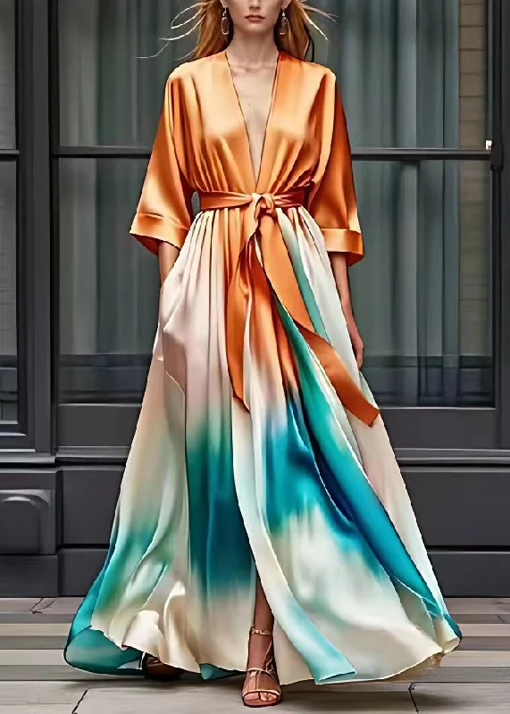 Style Orange V Neck Flattering Silk Maxi Dresses Half Sleeve