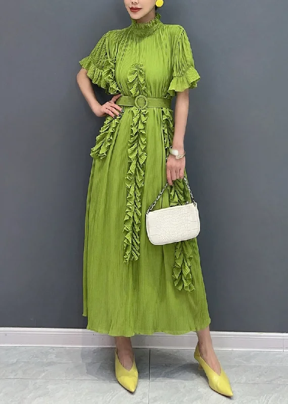 Vogue Green Turtleneck Ruffled Wrinkled Maxi Dress Short Sleeve