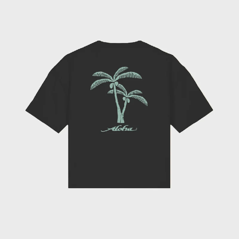 Aloha Womens Palm Tree T-Shirt - Black Cotton Fabric Linen Fabric Terry Fabric