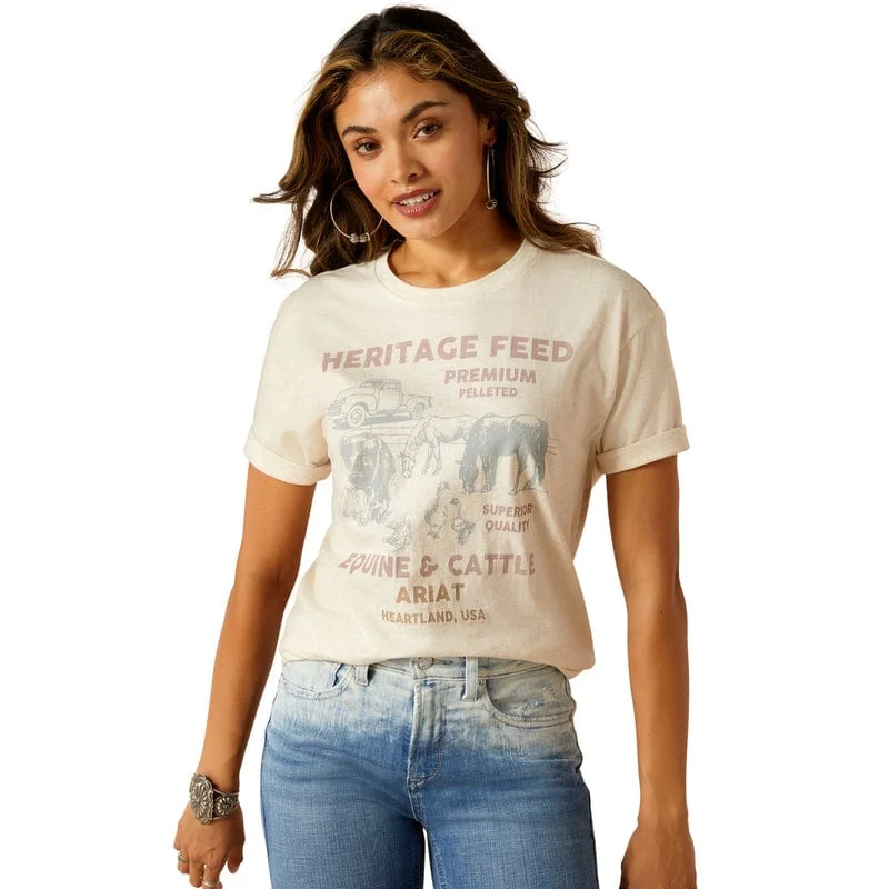 Ariat Women's Heritage Feed Oatmeal Heather Graphic T-Shirt 10051291 Solid Color Striped Floral