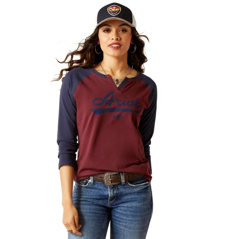 Ariat Women's Split Neck Tawny Port Long Sleeve Baseball Tee 10046257 Zippered Front Buttoned Front Snap Front Ariat Women's Split Neck Tawny Port Long Sleeve Baseball Tee 10046257 Zippered Front Buttoned Front Snap Front