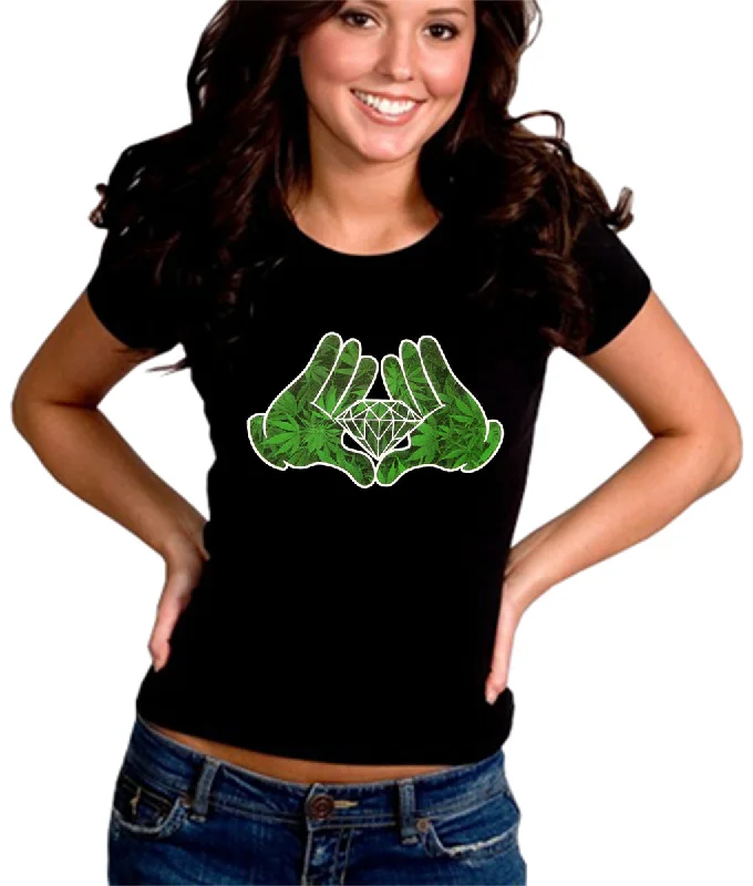 Cartoon Hands Pot Leaf Diamond Girl's T-Shirt Mesh Fabric Canvas Fabric Denim Fabric