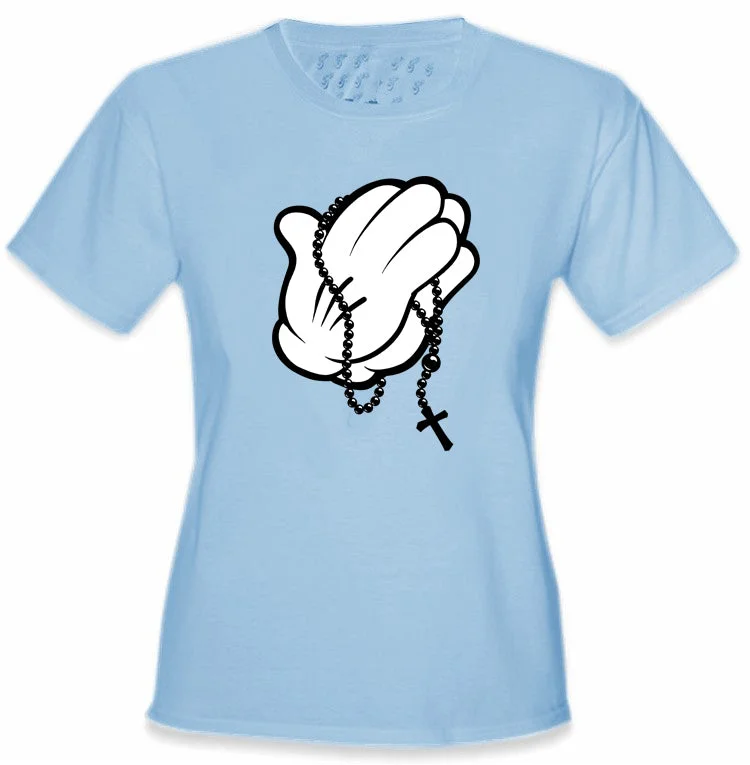 Cartoon Hands Praying Girl's T-Shirt Polka Dot Checkered Tartan