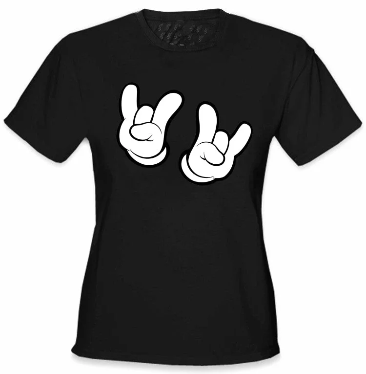 Cartoon Hands Rock On Girl's T-Shirt Elegant Classic Vintage