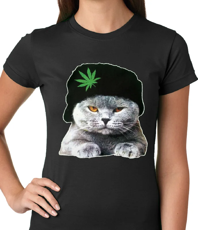 Cat Wearing Pot Leaf Hat Ladies T-shirt Terry Blend Velvet Blend Canvas Blend