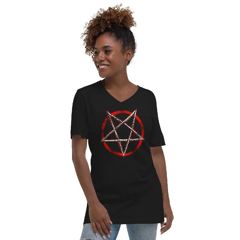 Fire and Brimstone Inverted Pentagram Unholy Women’s Short Sleeve V-Neck T-Shirt