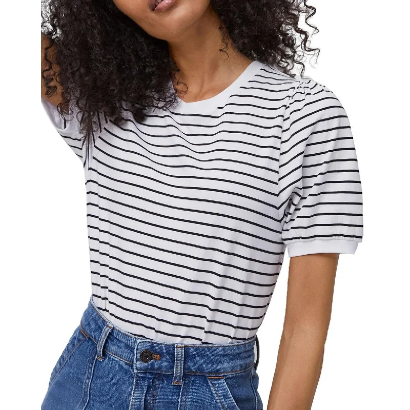 French Connection Womens Striped Puff Sleeve T-Shirt Zippered Buttoned Snapped