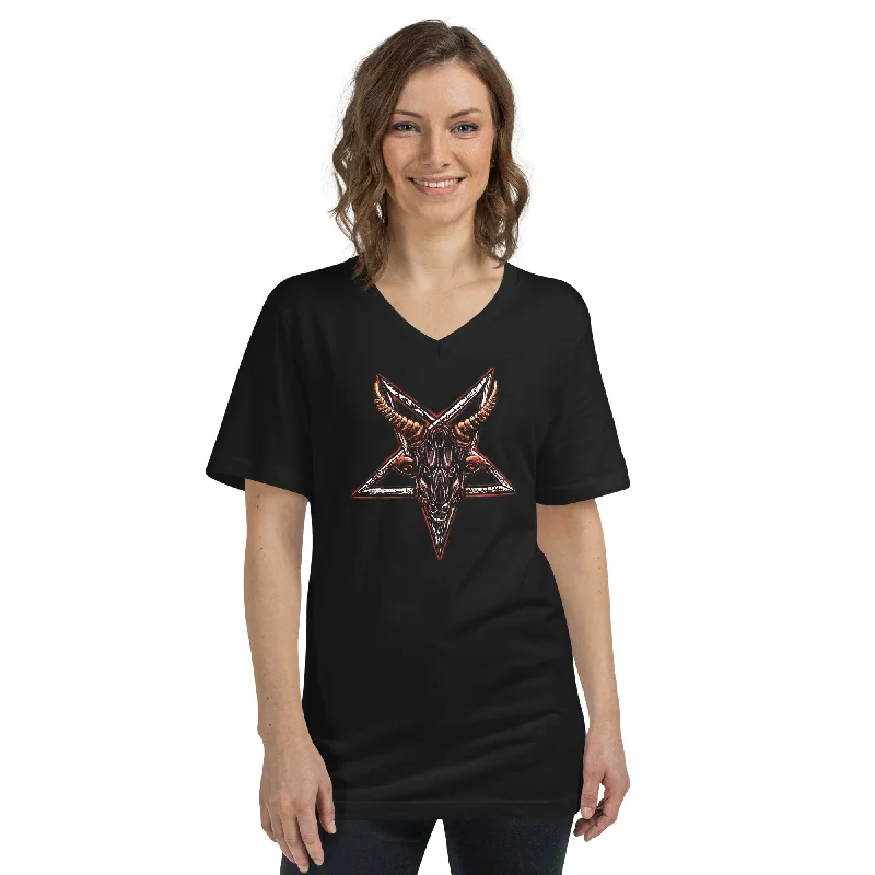 Goat Head Baphomet Inverted Pentagram Satanic Women’s Short Sleeve V-Neck T-Shirt